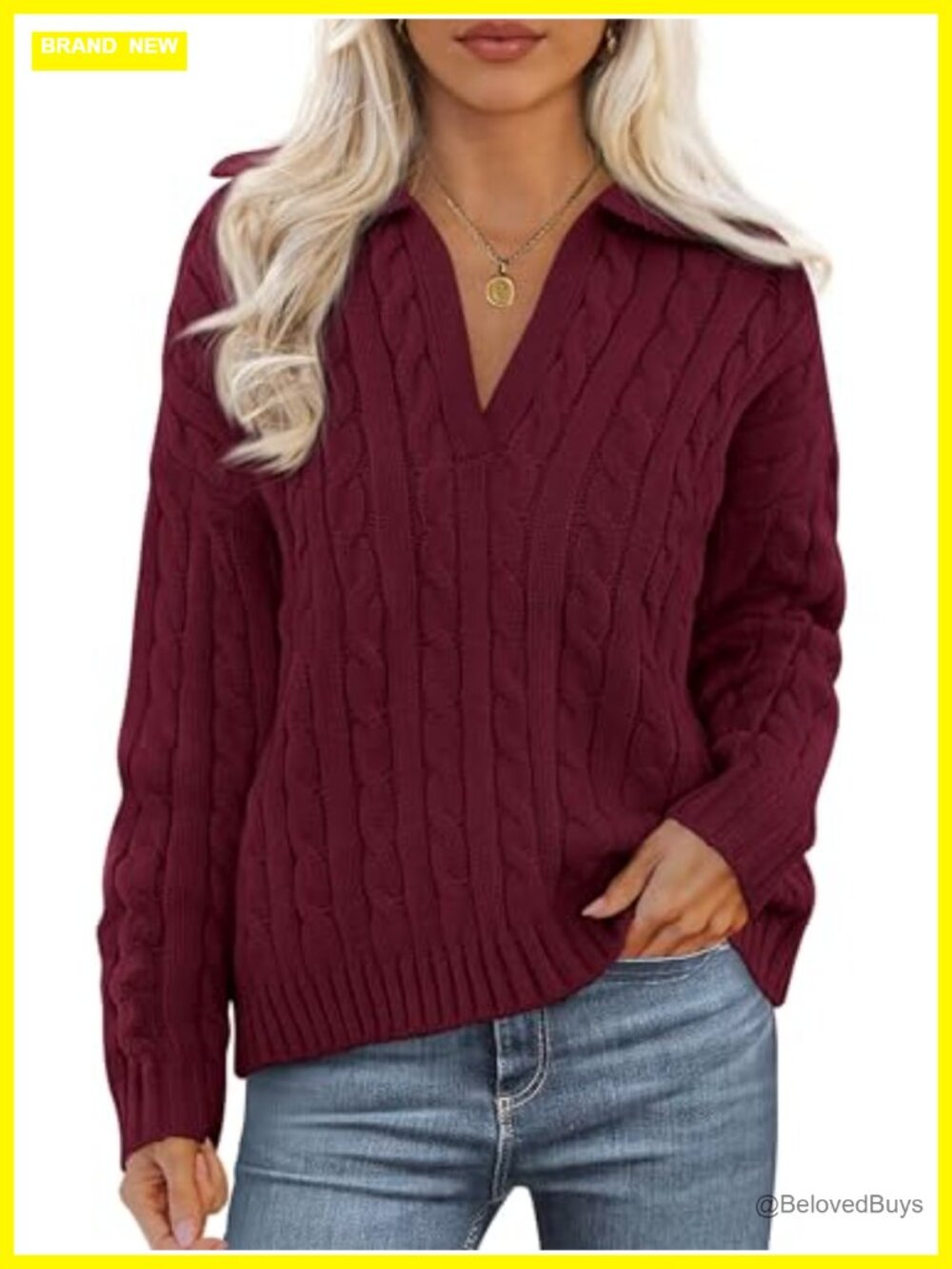 Womens Oversized Cable Knit V Neck Sweater Long Sleeve Pullover